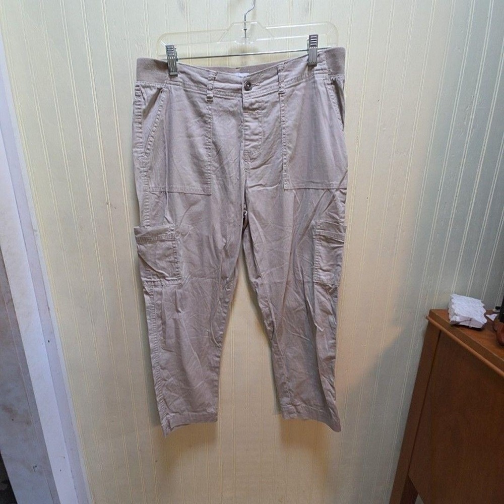 Dā-sh Cargo Pants Womens PM Beige Twill Crop Elastic Waist Stretch Pockets